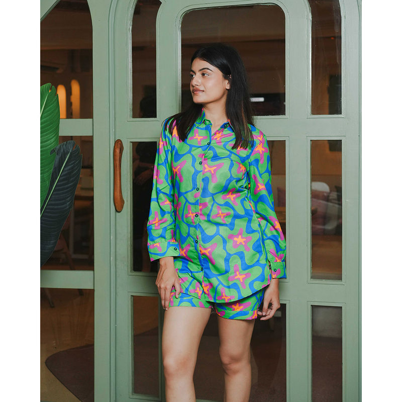 Bedgasm Sleepwear Green Botanique Nightwear Shirt with Shorts (Set of 2) (S)