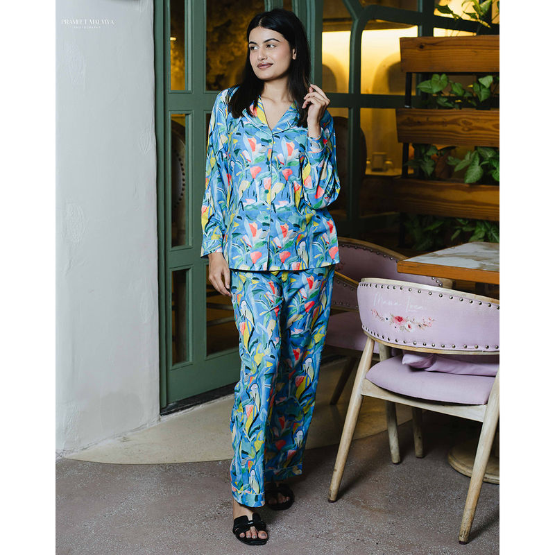 Bedgasm Sleepwear Blue Fuzzy Floral Nightwear Shirt with Pyjama & Mask (Set of 3) (S)