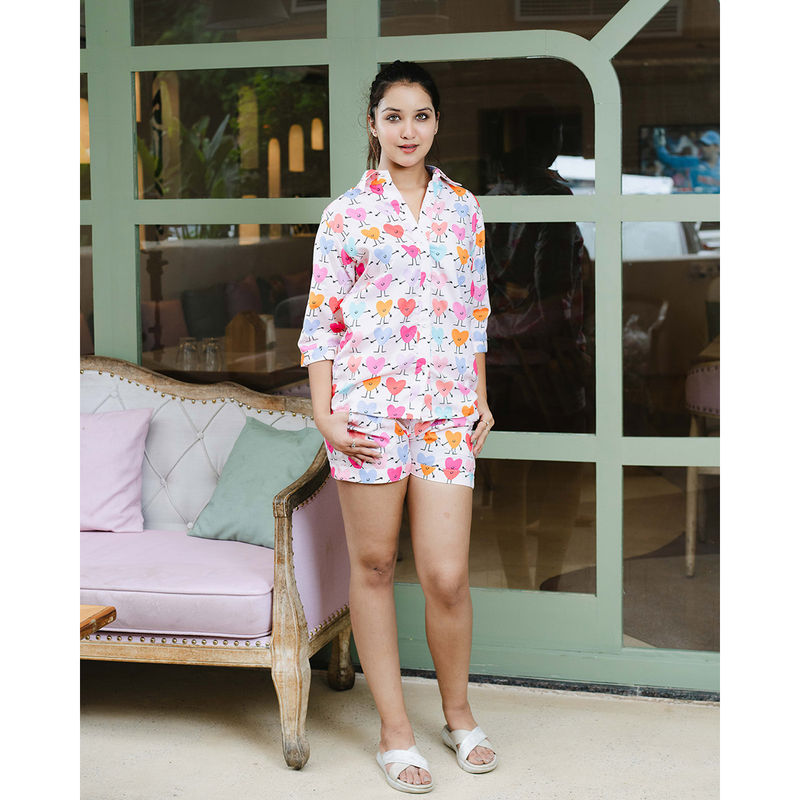 Bedgasm Sleepwear White Happy Hearts Nightwear Shirt with Shorts & Mask (Set of 3) (S)