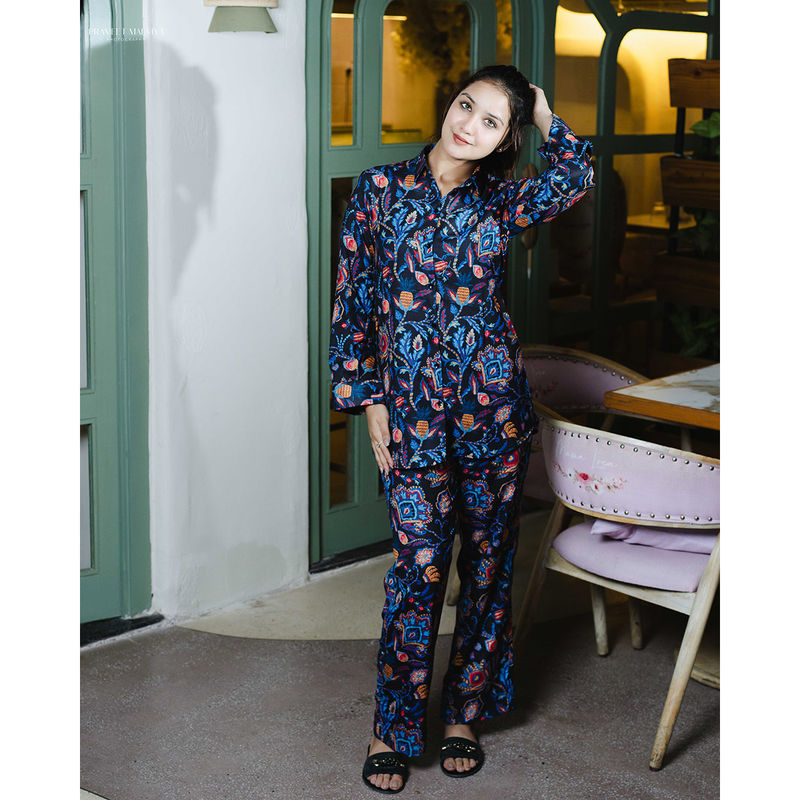 Bedgasm Sleepwear Navy Blue Jade Shirt with Pyjama (Set of 2) (S)