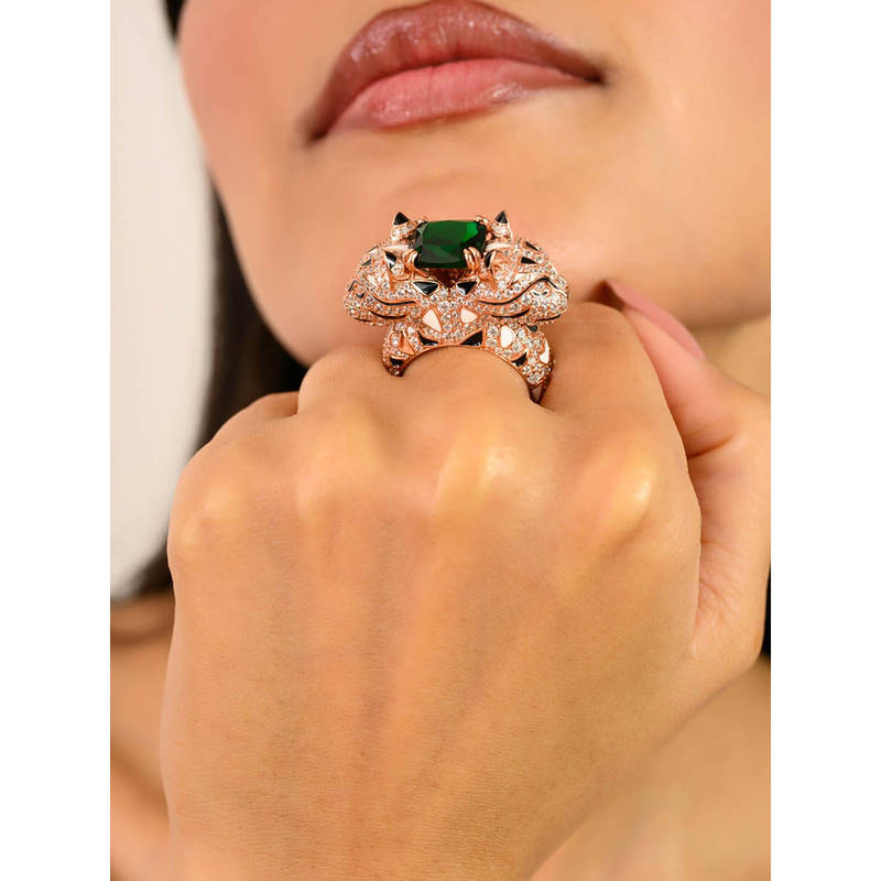 METALM Rose Gold Plated Panther Ring Green (16)