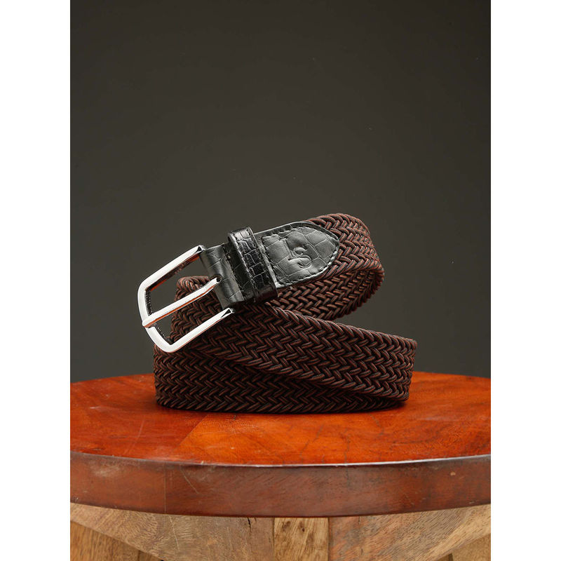 Louis Stitch Men Brunette Brown Braided Elastic Stretch Belt with Leather Tipped End (40)
