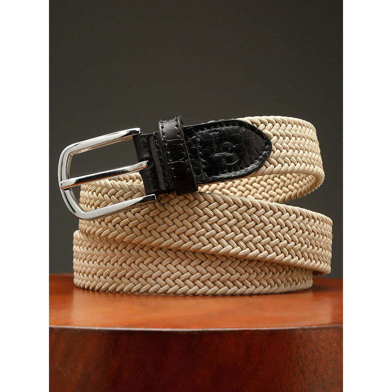 Louis Stitch Men Sheraton Beige Braided Elastic Stretch Belt with Leather Tipped End (36)