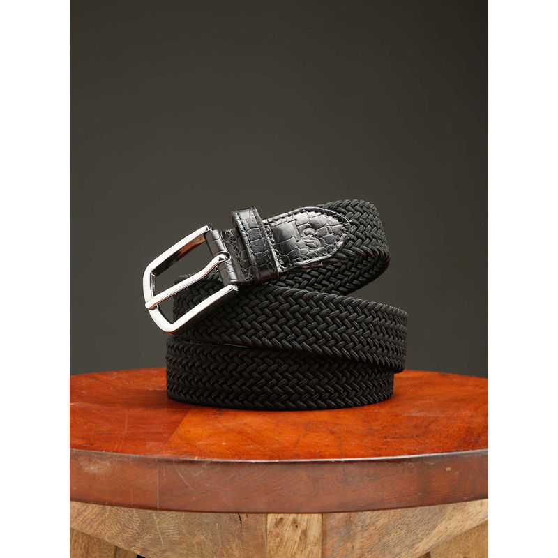 Louis Stitch Men Jet Black Braided Elastic Stretch Belt with Leather Tipped End (36)