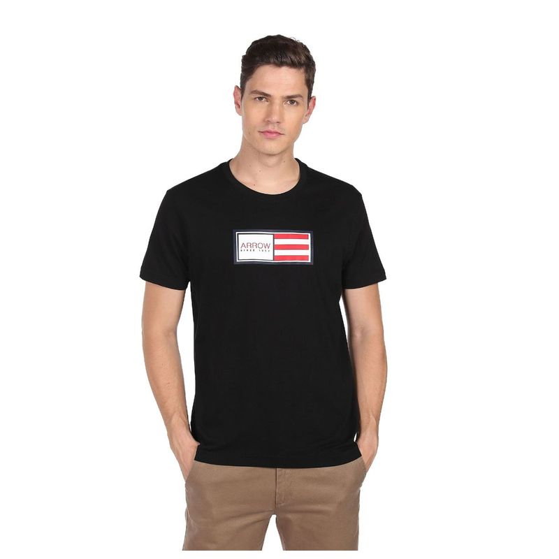 Arrow Sports Men Black Crew Neck Brand Print Cotton T-Shirt (L)