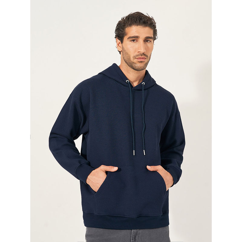 Styli Navy Blue Men Waffle Textured Boxy Fit with Kangaroo Pocket Hoodie (M)