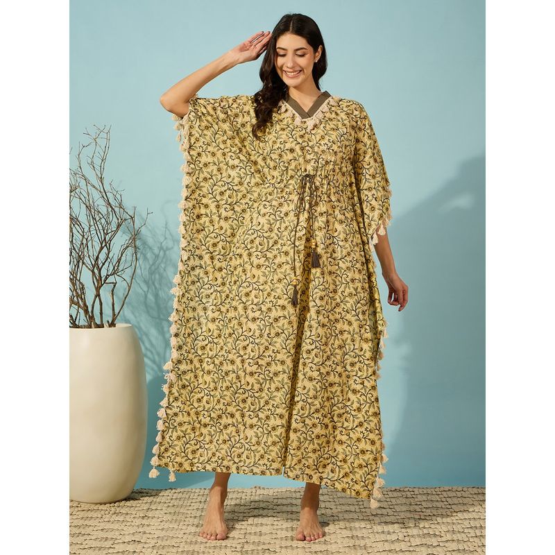 The Kaftan Company Yellow Floral Hand Block Kaftan with Tassel Detail (XL)