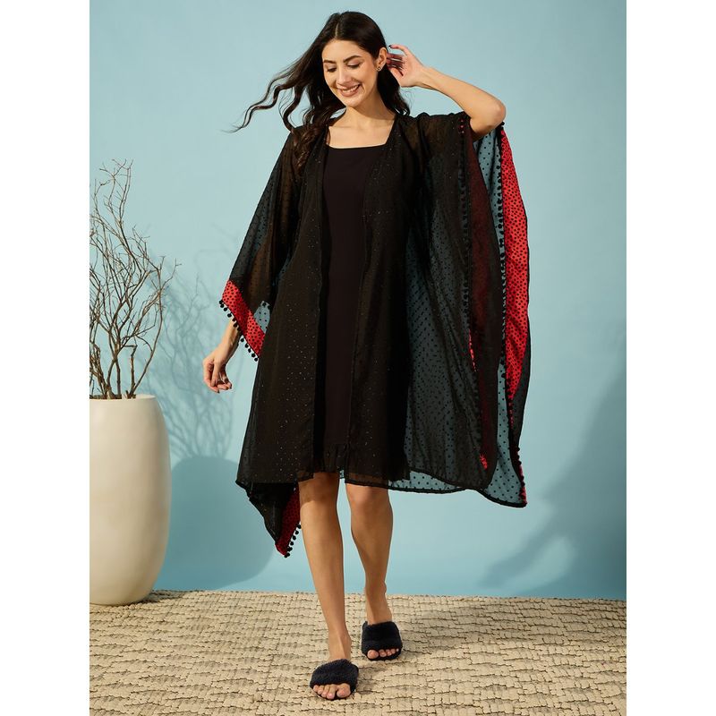 The Kaftan Company Polka Border Black Georgette Dobby Nightdress & Slip (Set of 2) (S)