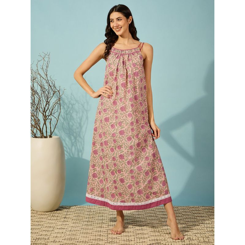 The Kaftan Company Purple Floral Block Print Cotton Negligee Nightdress (S)