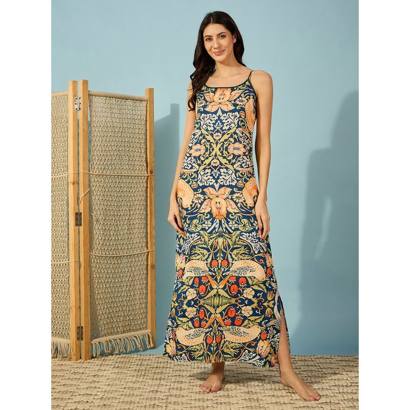 The Kaftan Company Navy Blue Super Soft Vintage Floral Slip Nightdress (S)