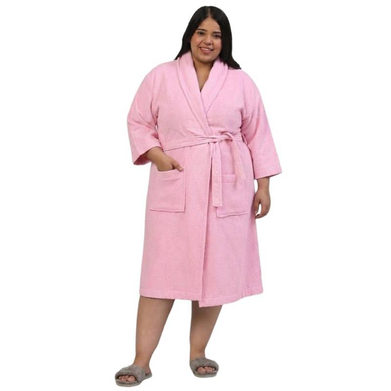 Creeva Luxury Cotton Bathrobe with Belt for Women- Pink (XL)