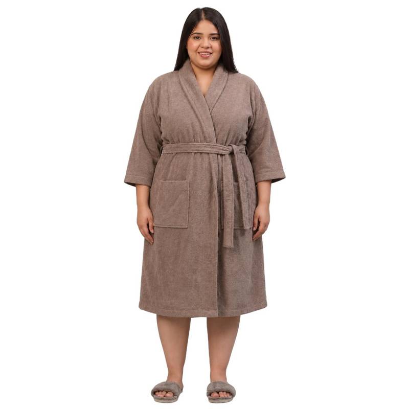 Creeva Luxury Cotton Bathrobe with Belt for Women- Brown (XL)