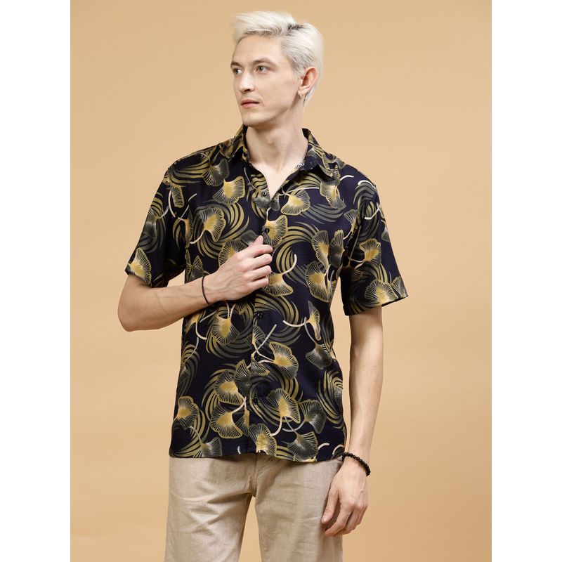RIGO Men Navy Blue & Yellow Foliage Floral Print Shirt (S)