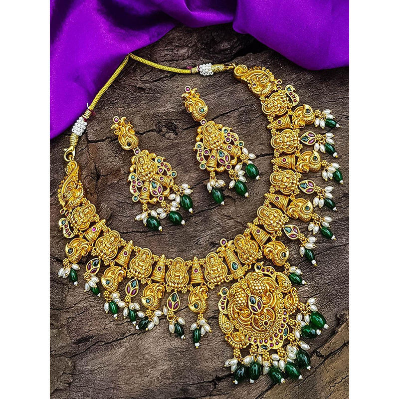 Multicolor Gold Plated Temple Necklace Set - TMPSET197M
