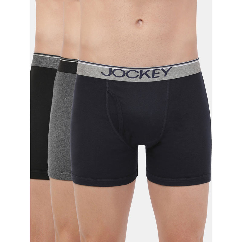 Jockey 8009 Men Cotton Solid Boxer Brief - Black/Navy/Charcoal Mel (Pack of 3) (L)