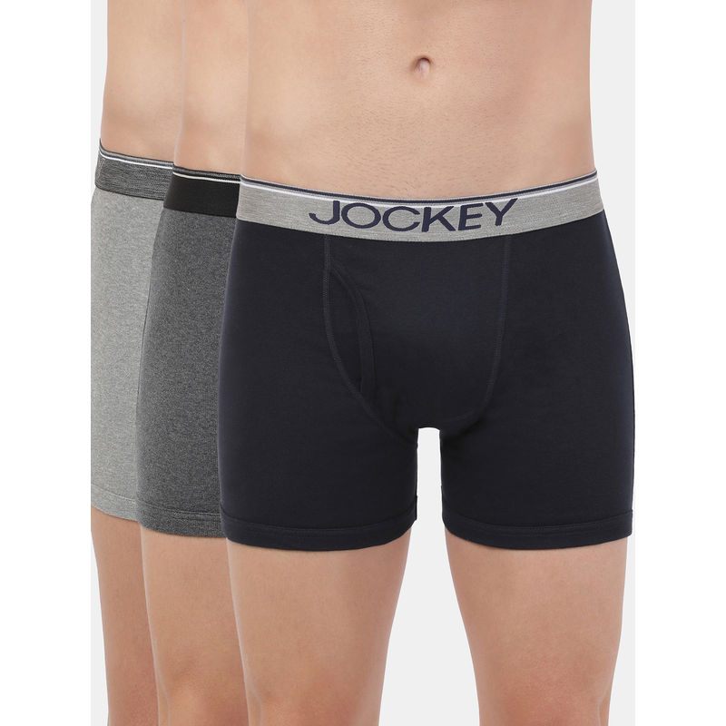 Jockey 8009 Men Cotton Rib Solid Boxer Brief Navy Charcoal and Grey Melange (Pack of 3) (S)