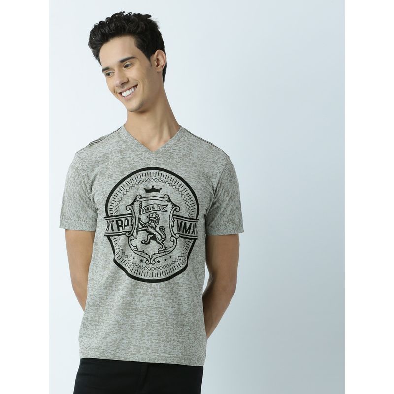 Huetrap Mens Grey Melange Half Sleeves V-Neck T-Shirt (S)