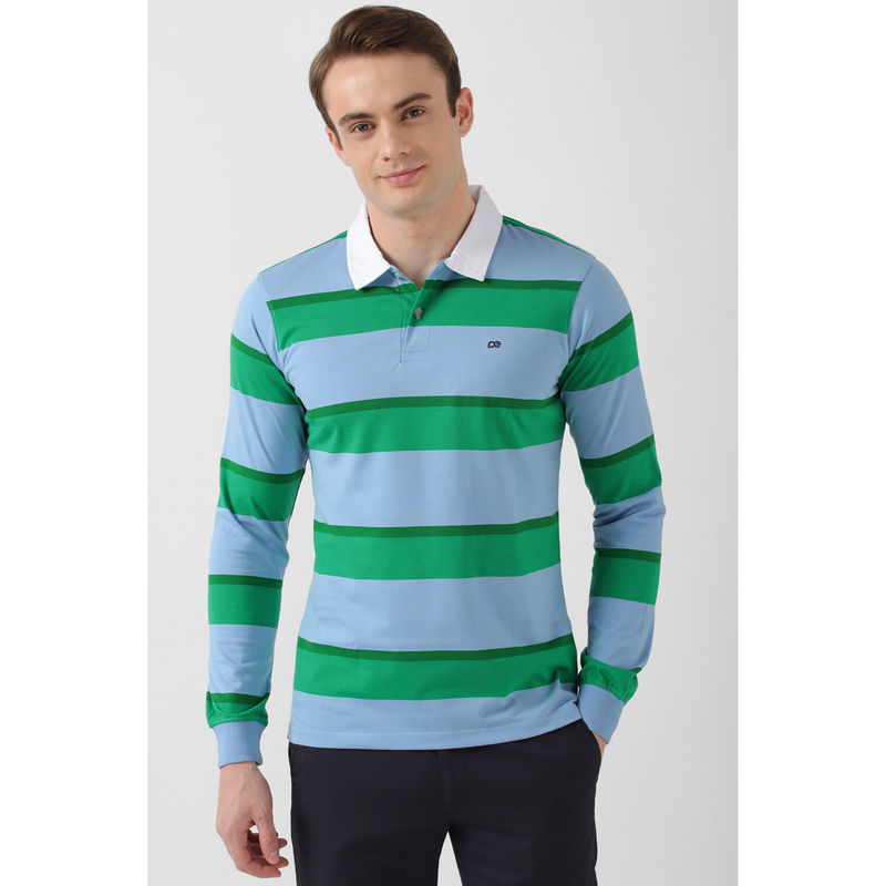 Peter England Men's Blue Stripe Collar Neck Polo T-Shirt (M)
