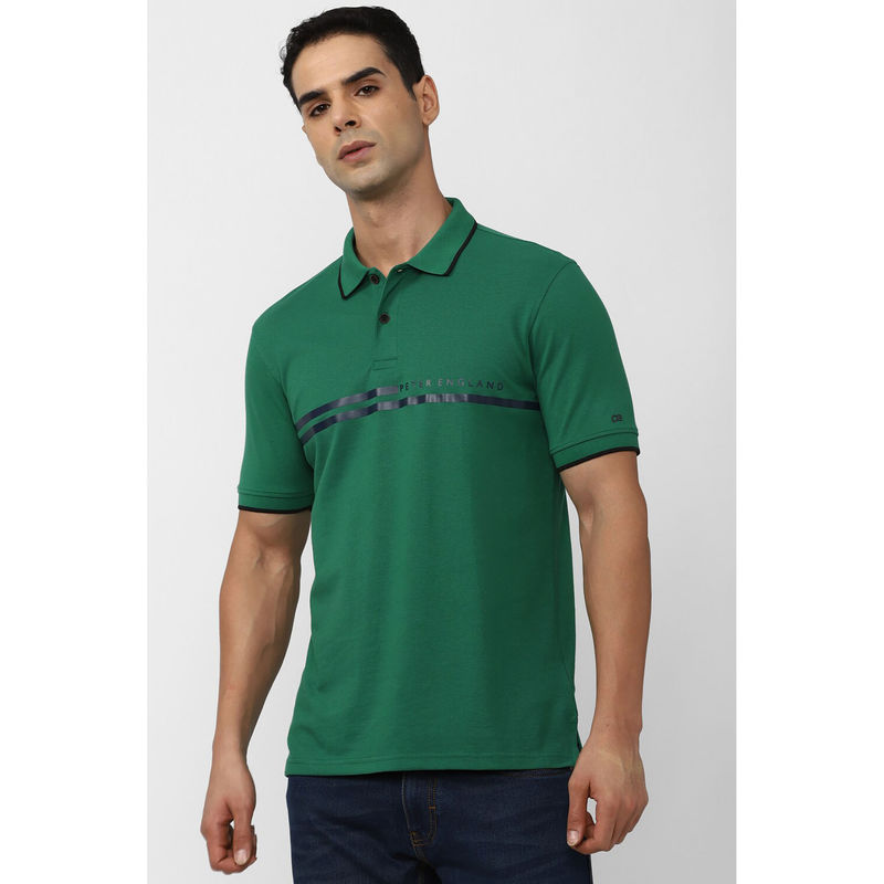 Peter England Men's Green Print Collar Neck Polo T-Shirt (S)