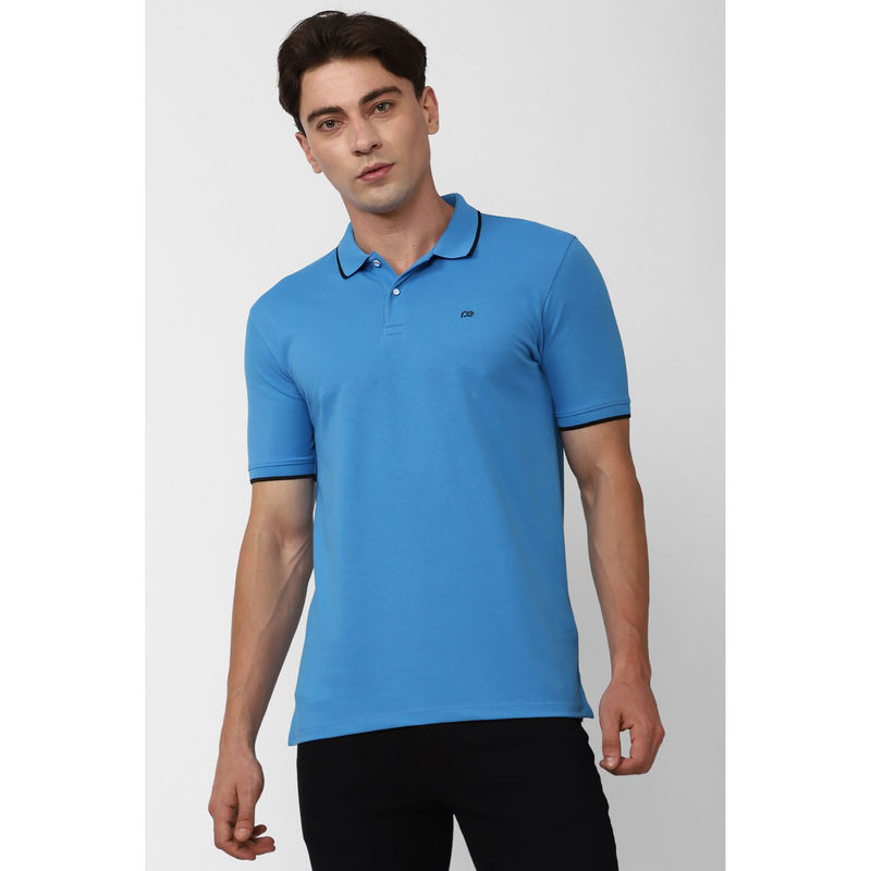 Peter England Men's Blue Solid Collar Neck Polo T-Shirt (XL)
