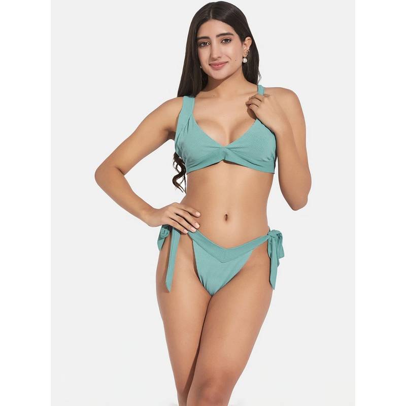 G Heist Women Ribbed Shoulder Straps Beach Wear Swimwear Bra and Panty (XS)