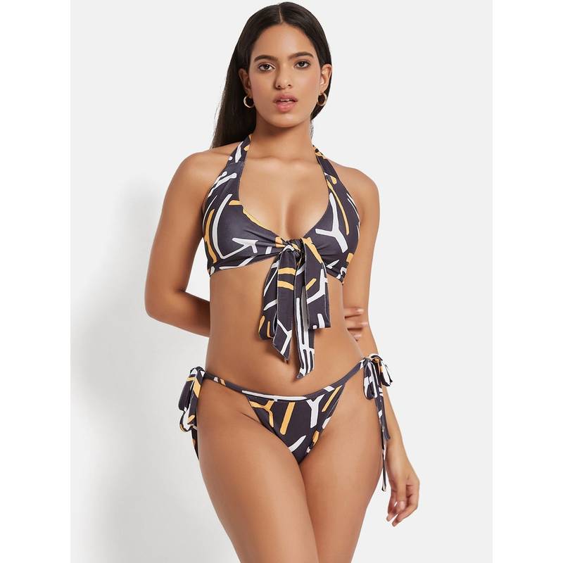 G Heist Multi-Color Polyester Printed Bikini Top With Panty Set (XS)