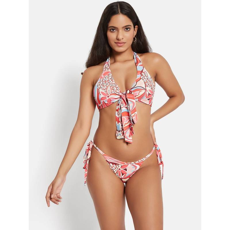 G Heist Multi-Color Polyester Printed Bikini Top With Panty Set (XS)