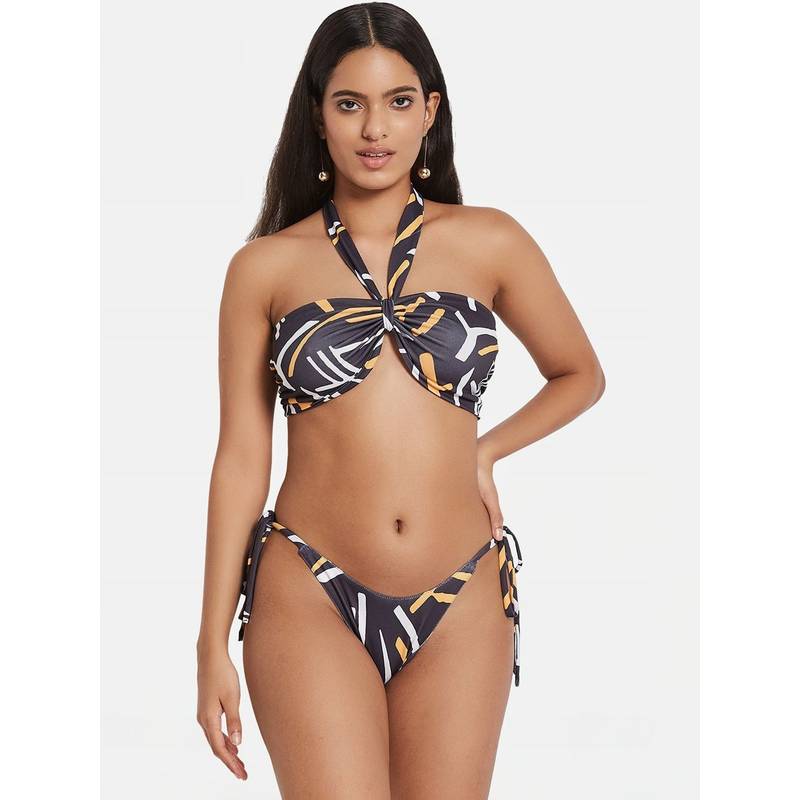 G Heist Multi-Color Polyester Printed Bikini Top With Panty Set (M)