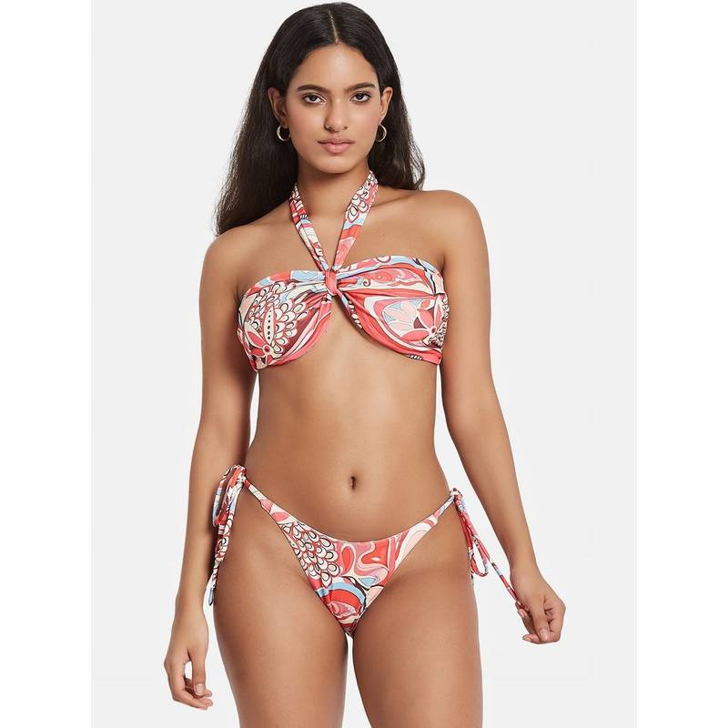 G Heist Multi-Color Polyester Printed Bikini Top With Panty Set (XS)