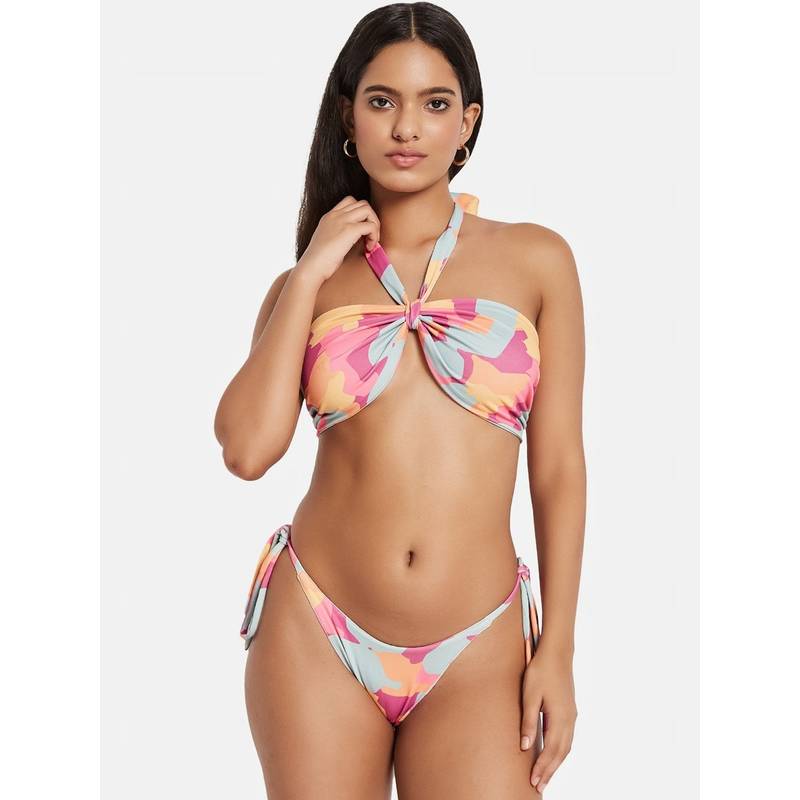 G Heist Multi-Color Polyester Printed Bikini Top With Panty Set (XS)