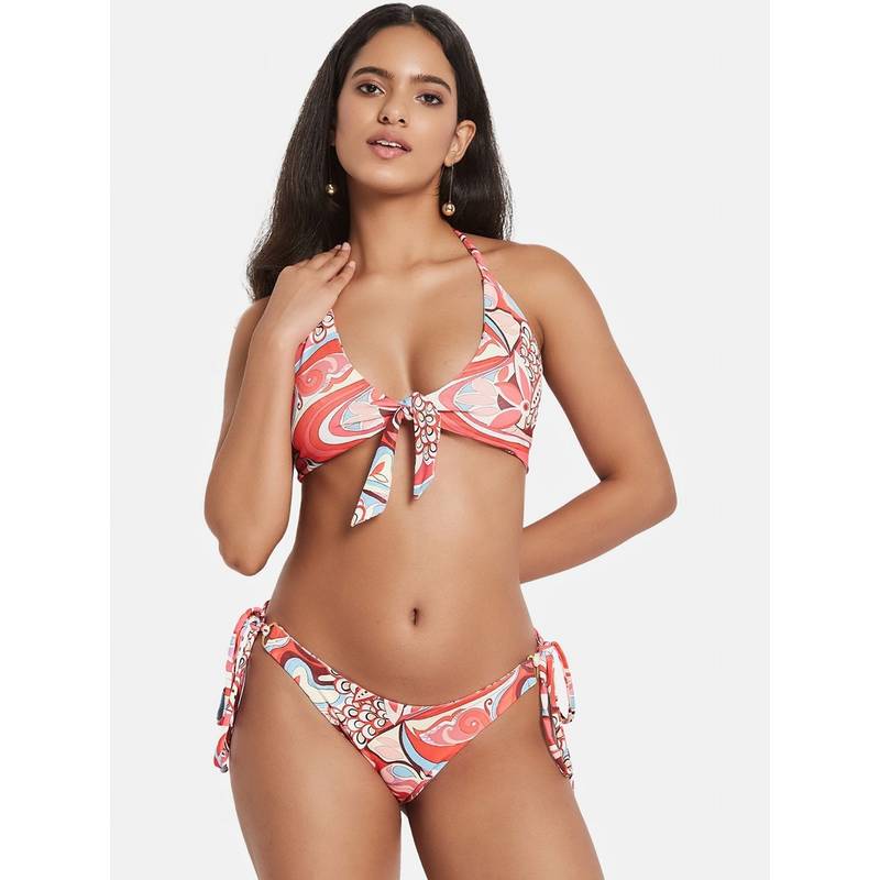 G Heist Multi-Color Polyester Printed Bikini Top With Panty Set (XS)