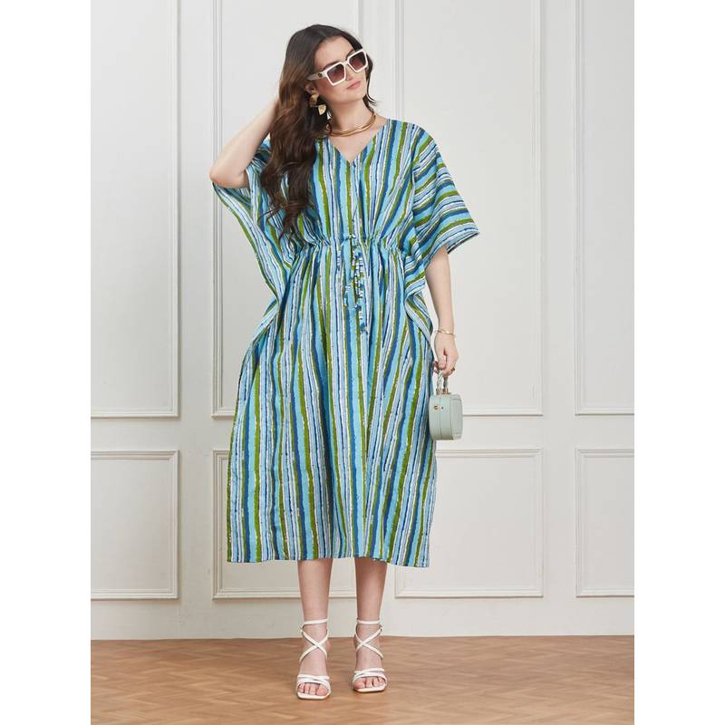G Heist Women Striped Pure Cotton Kaftan Nightdress Multi-Color (S)