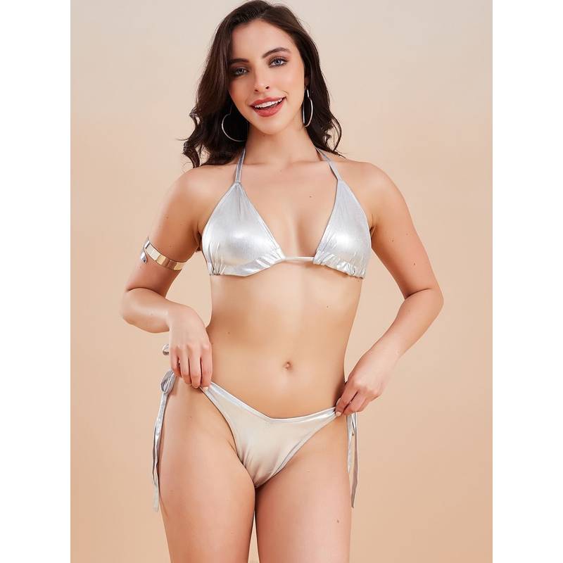 G Heist Silver Metallic Halter Beach Wear Bikini (XS)