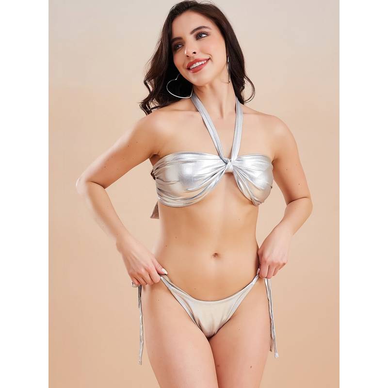 G Heist Silver Metallic Halter Beach Wear Bikini (XS)