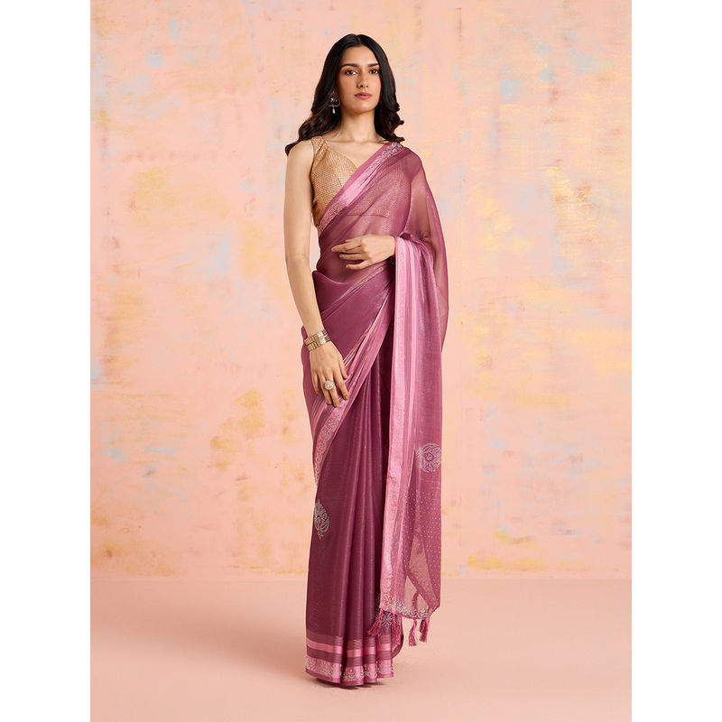 Buy Onion Pink Zariwork Shimmer Designer Saree - Koskii