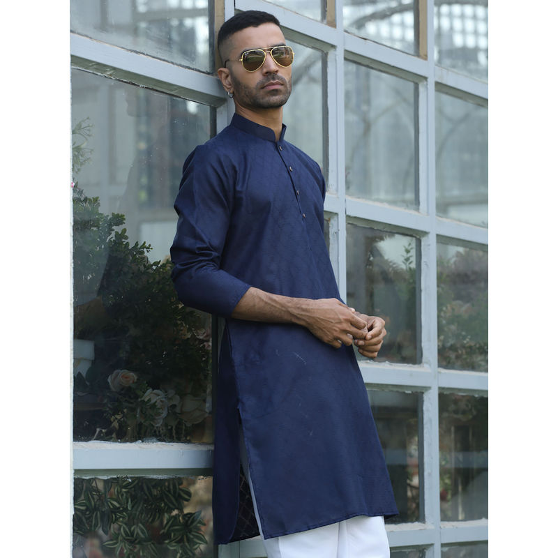Kraft India Cotton Blend Woven Self Design Navy Blue Kurta (40)