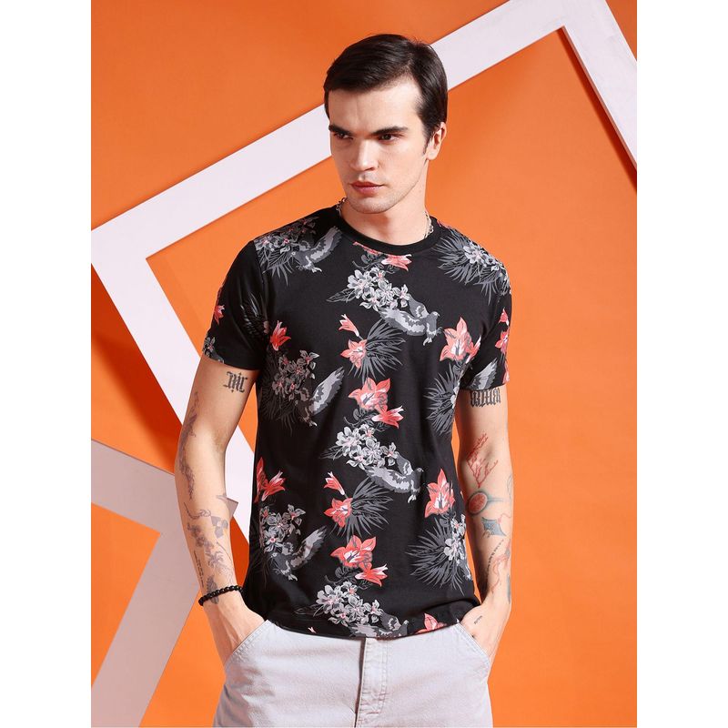 The Indian Garage Co Men Slim Fit Black Tropical Print Round Neck T-Shirt (2XL)