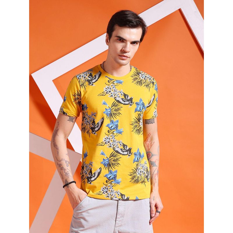 The Indian Garage Co Men Slim Fit Yellow Tropical Print Round Neck T-Shirt (S)