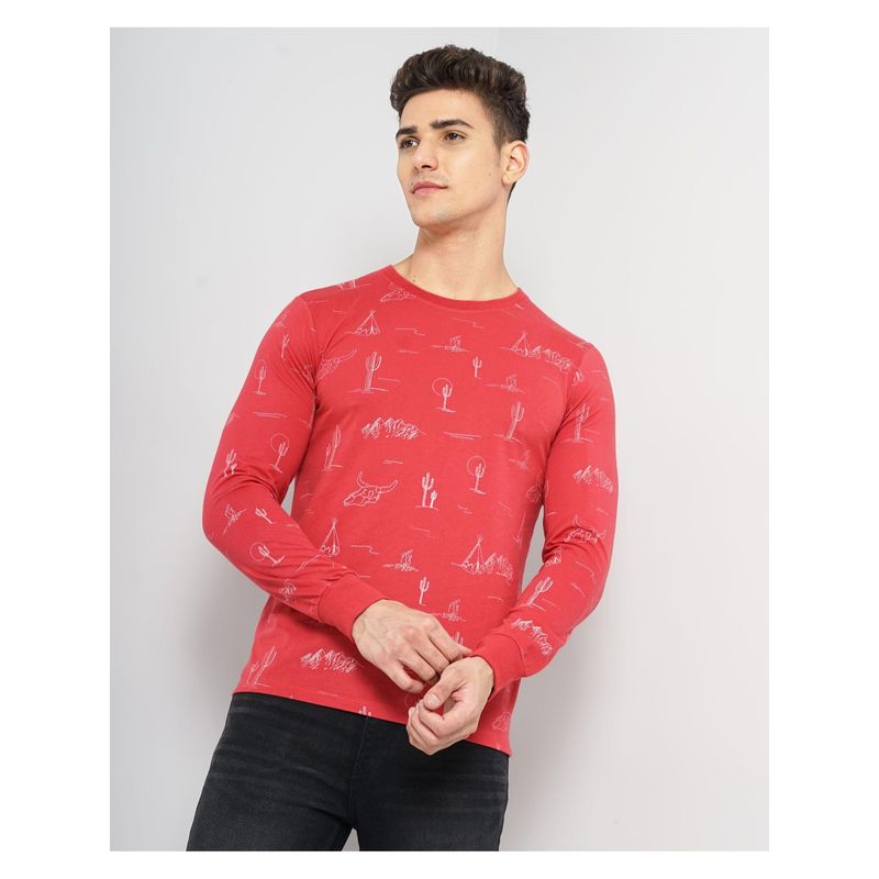 The Indian Garage Co Men Slim Fit Red Tribal Print Round Neck T-Shirt (S)
