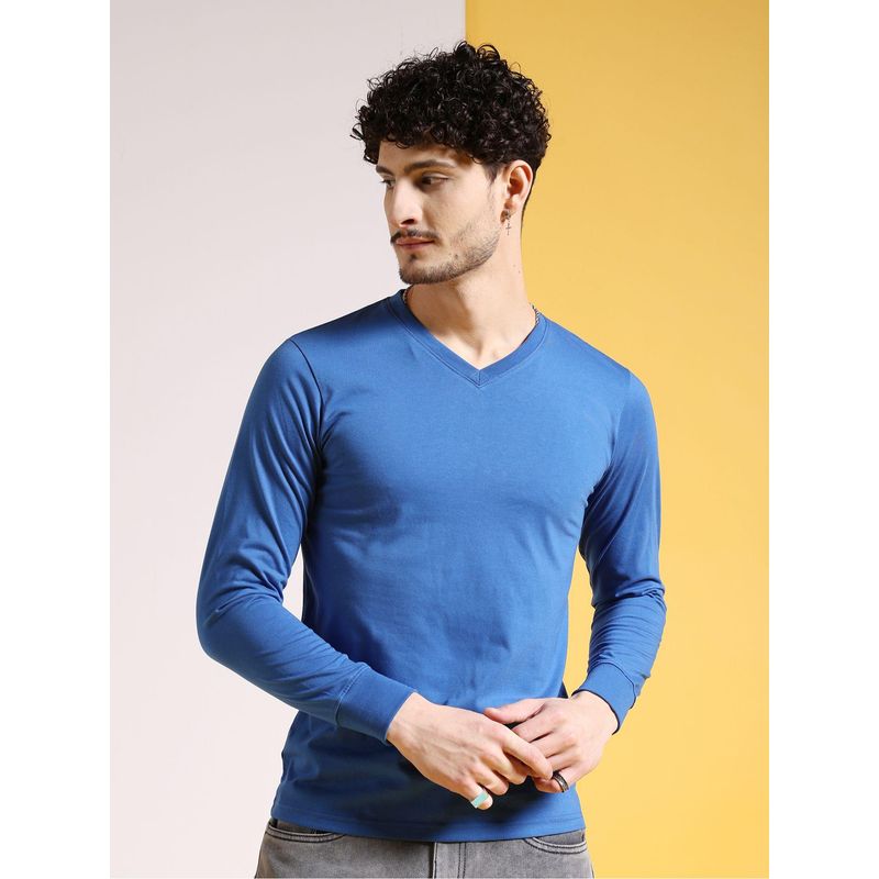 The Indian Garage Co Men Blue Slim Fit Solid V-Neck T-Shirt (S)