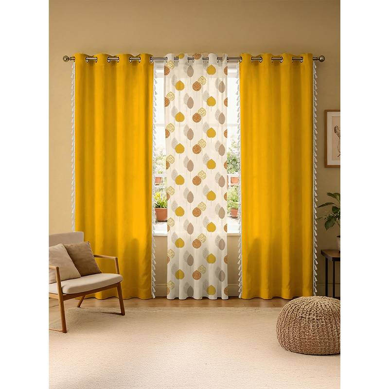 Urban Space Mustard Sheer & Aura Yellow Cotton & Sheer Curtains (Pack of 3) (7 feet)