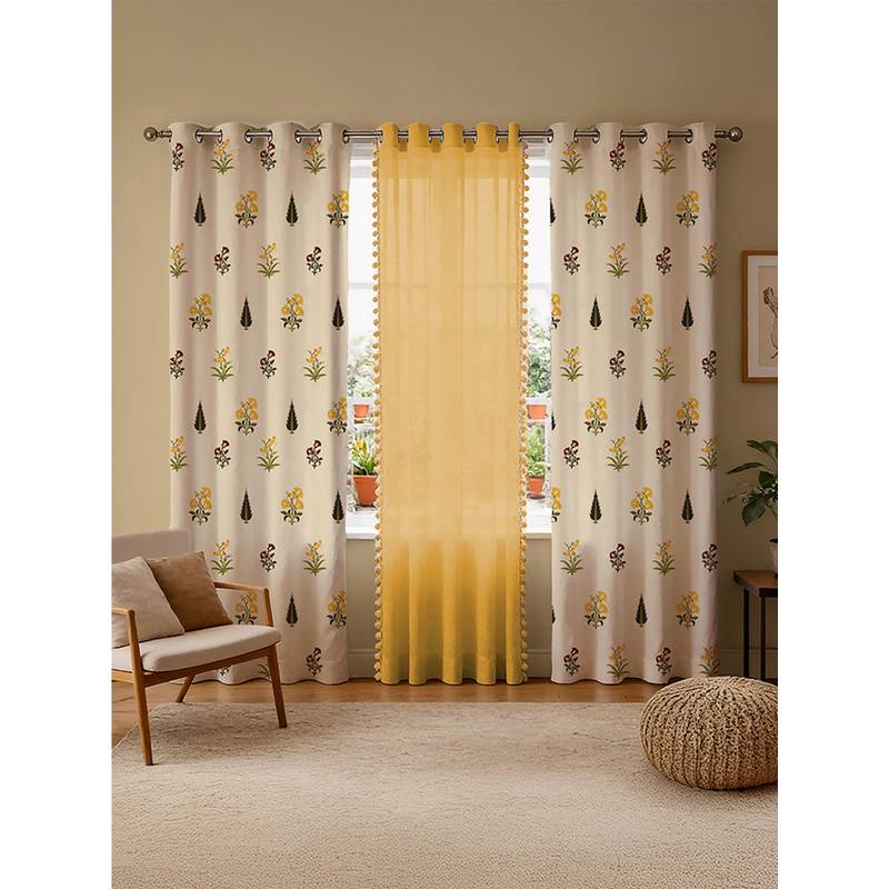 Urban Space High Garden & Yellow Pom Pom Cotton & Sheer Curtains (Pack of 3) (5 feet)