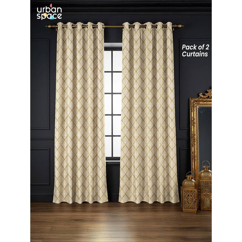 Urban Space Brocade Beige Blackout Jacquard Curtains (Pack of 2) (5 feet)