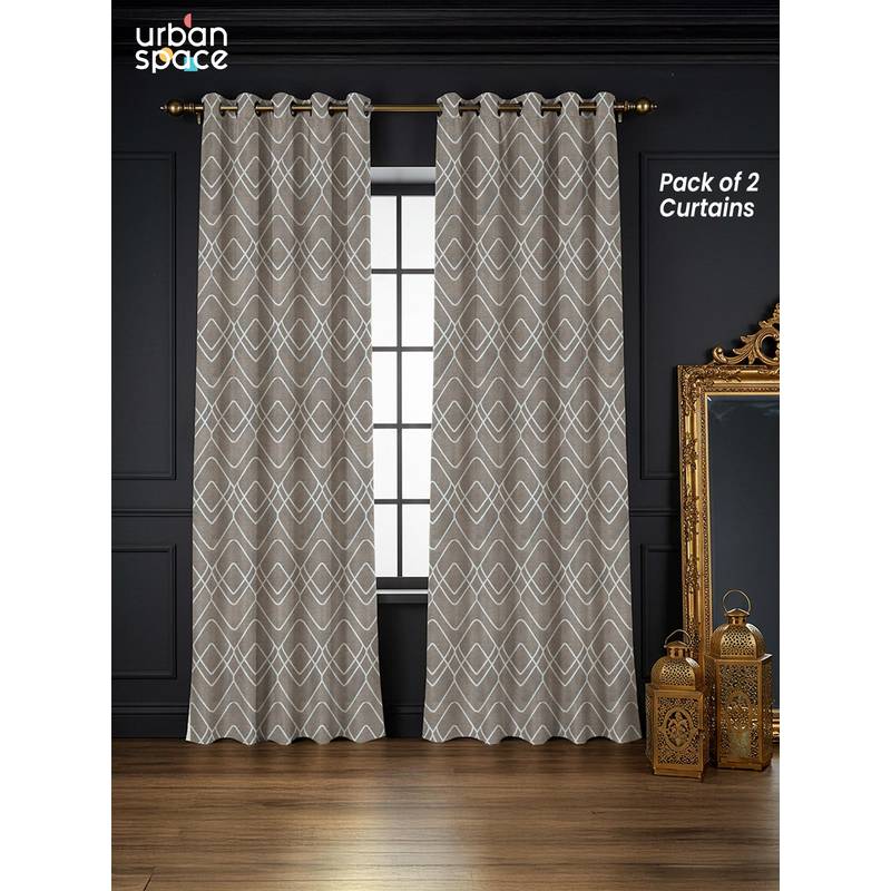 Urban Space Woven Maze Soft Brown Blackout Jacquard Curtains (Pack of 2) (5 feet)