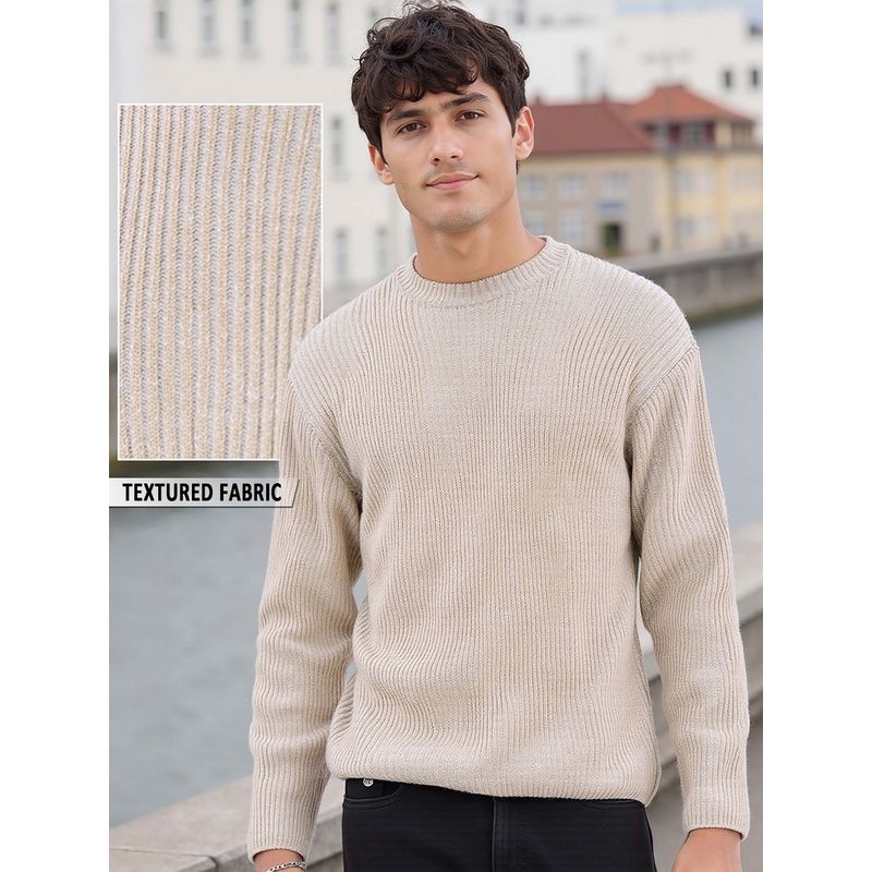 Bewakoof Men's Beige Textured Oversized Sweater (XL)