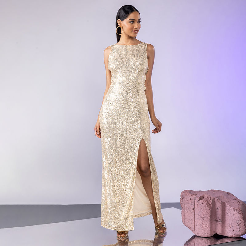 Twenty Dresses by Nykaa Fashion Gold Sequin Slit Gown (S)