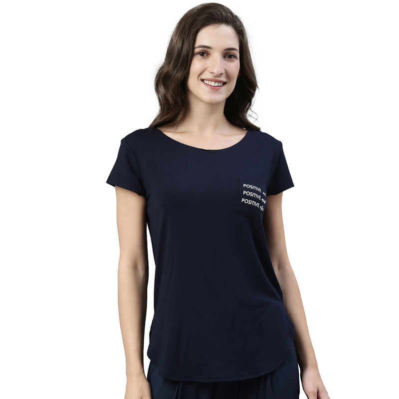 Enamor Essentials Womens E301- Short Sleeve Scoop Neck Graphic Printed Lounge Tee-Navy - Blue (L)