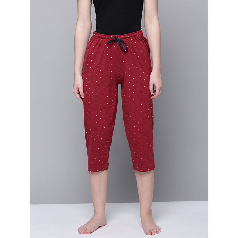 Kryptic Maroon Polka Dots Capris for Women (M)