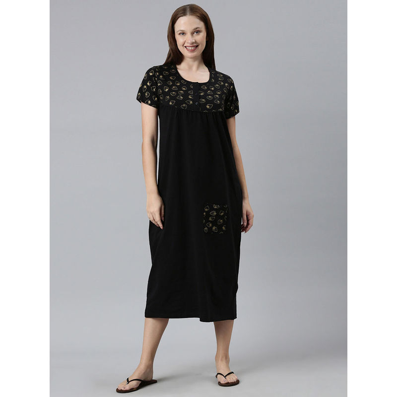 Kryptic Black Printed Nightdress for Women (M)