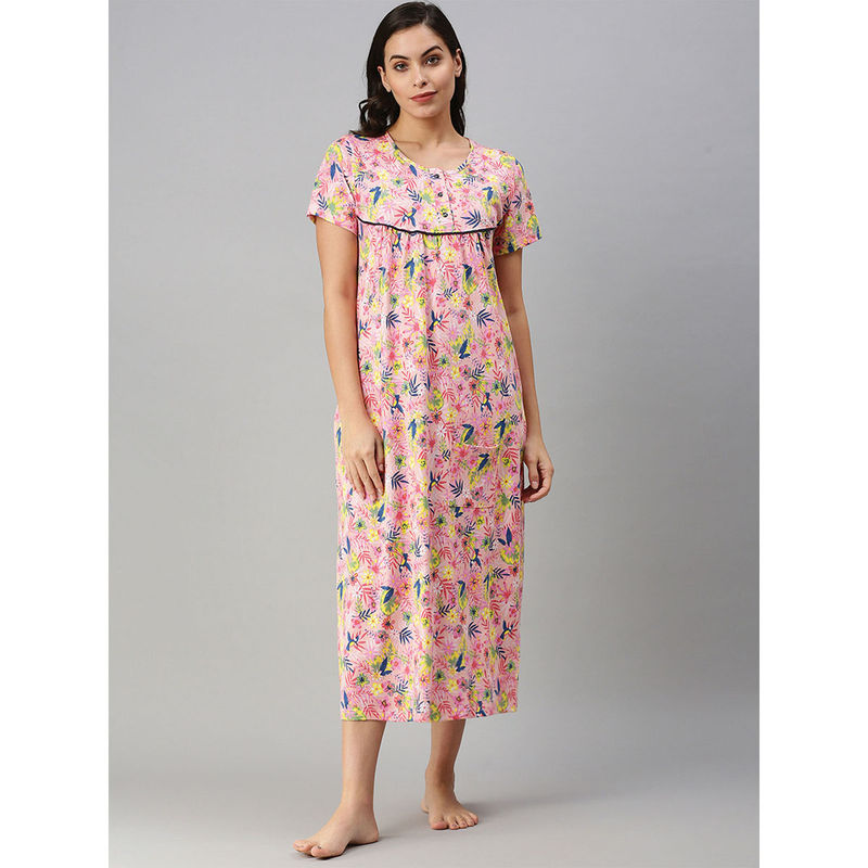 Kryptic Pink Floral Printed Nightdress for Women (2XL)